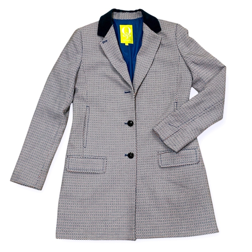 Q Mack Retro Geometric Print Tailored Coat Velvet Collar Blue White Orange M